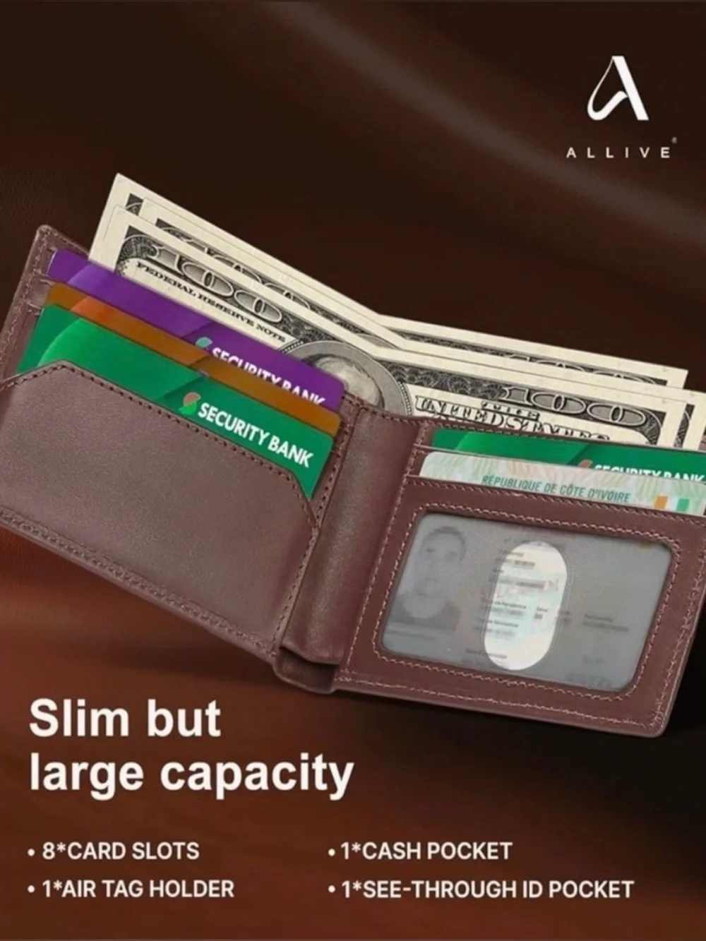 ALLIVE Men’s AirTag Wallet - Genuine Leather, Vintage Brown.